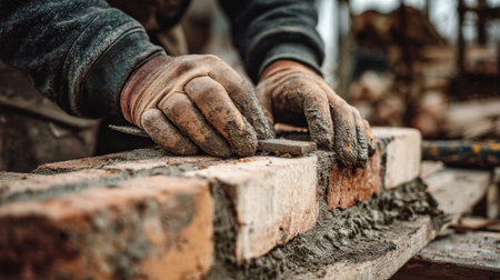 Hands expertly laying bricks on a sturdy wall using traditional tools, showing the artistry and dedication of construction work in natural light.の素材