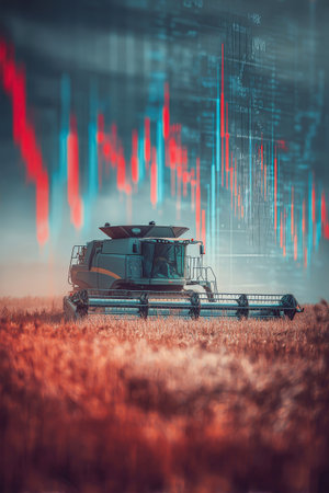 A combine harvester efficiently collects grain amid golden fields, blending nature and technology against a backdrop of data streams.の素材