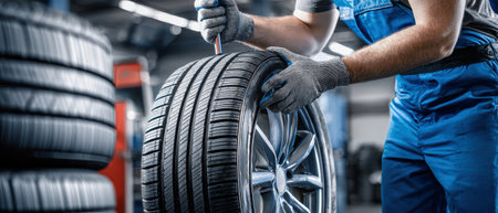 Close-up of a mechanic in a blue uniform using tools to change tires in a garage, highlighting craftsmanship and dedication to tire fitting.の素材
