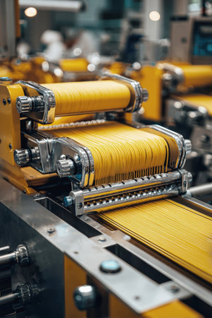 In a bustling factory, a fully automatic machine diligently assembles strands of pasta, showing a vibrant blend of technology and tradition in food production.の素材