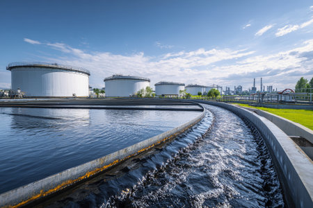Flowing black muddy water meets massive white tanks in an industrial water treatment plant, surrounded by lush grass and a bustling urban backdrop.の素材
