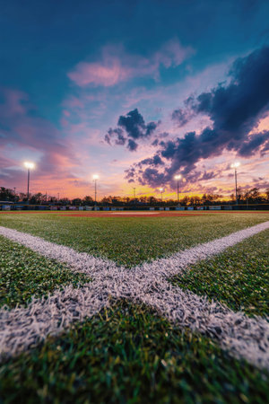 Under a vibrant sunset, a meticulously maintained baseball field glows with the warm light of evening. An inviting atmosphere beckons for exciting gameplay.の素材