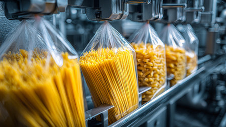 In a bustling factory, a packing machine efficiently fills bags with fresh pasta and spaghetti, showing the art of production in a culinary hub.の素材