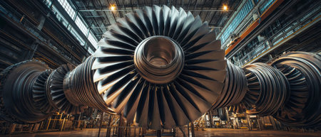 A massive turbine machine shines under sun rays, creating dynamic shadows in a factory filled with innovation, artistry, and intricate design elements.の素材