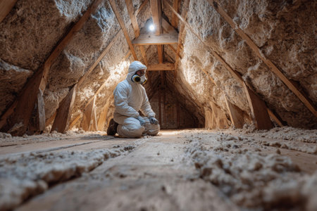 An eco-builder works diligently in the attic of an old house, installing sustainable roofing panels and insulation to improve energy efficiency and comfort.の素材