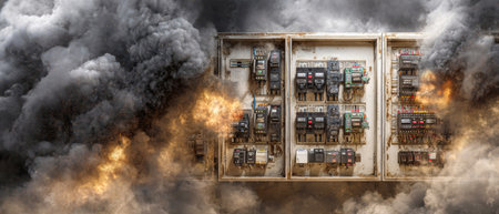 An electrical panel bursts into flames, engulfed by thick smoke and dark clouds, illustrating the dangers of a short circuit in a visually striking manner.の素材