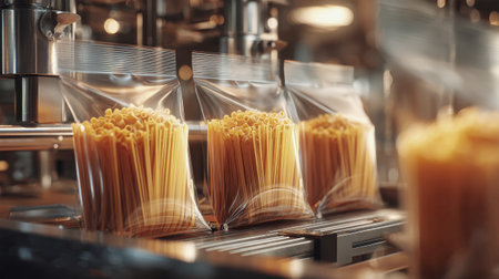 In a lively factory, a packing machine efficiently seals bags filled with fresh pasta and spaghetti, showcasing an industrial atmosphere and precision in motion.の素材