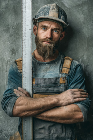 A dedicated man in overalls and a hard hat focuses intently on leveling plaster while standing against a concrete wall during house construction.の素材