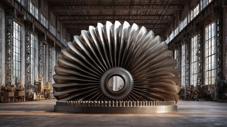Massive turbine dominates a rustic industrial building, with sun rays illuminating its smooth, shiny surfaces and intricate steel forms, embodying innovative design.の素材