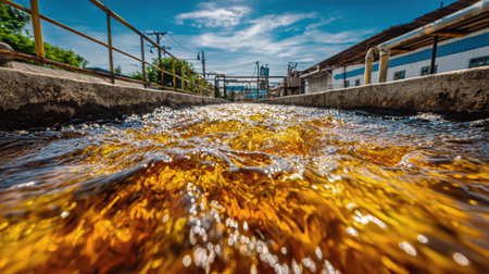 Sunshine glistens on the flowing turbid amber liquid at the water purification plant, showing a blend of nature and human innovation in vibrant colors.の素材