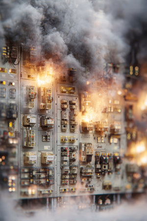 Flames engulf an electrical panel, producing stunning smoke and steam against a backdrop of earth tones. This captivating chaos evokes an intricate emotional response.の素材