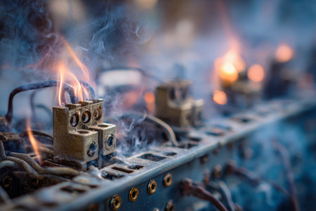A large fire engulfs an electrical panel, sending up acrid smoke and electrical discharges, creating a mesmerizing contrast of light, color, and texture.の素材