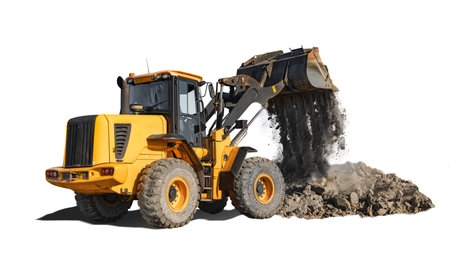 This loader bulldozer is actively lifting a large pile of dirt, showing its powerful hydraulic arms...