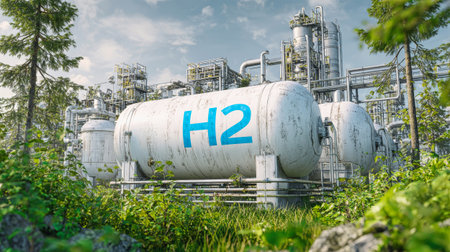 Metal tanks marked with H2 showcase a hydrogen storage facility, set against a backdrop of lush greenery and advanced industrial equipment, under a clear sky.の素材