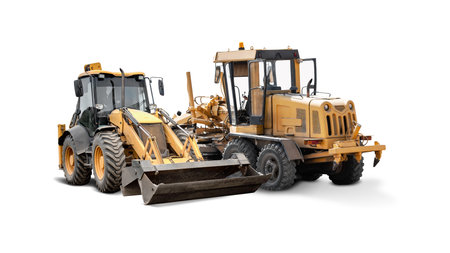 Loader and grader on an isolated background. Construction equipment rental and contracting for...