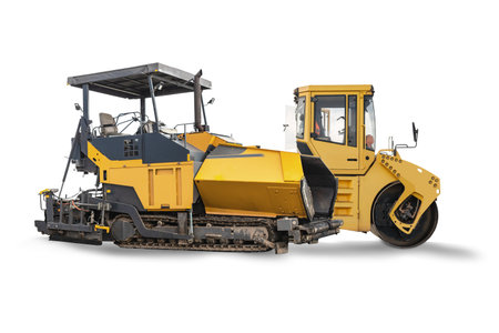 Asphalt paver and roller for road construction. Road repair and construction. Construction equipment...