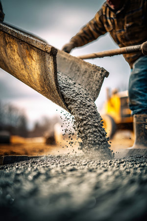 A worker pours fresh concrete from a wheelbarrow onto the ground, preparing a strong foundation for construction. The scene is set under a cloudy sky.の素材