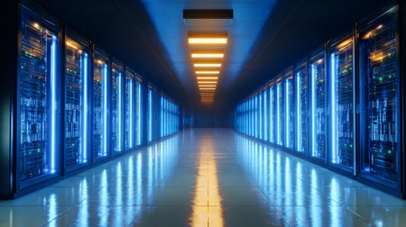 Modern data features center rows of glowing server racks along a sleek corridor, creating a high-tech environment for information processing.の素材