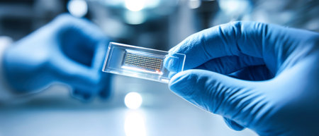 An engineer in a laboratory is carefully holding a microchip in a glass holder. Blue lighting creates a focused atmosphere as technology is showcased.の素材