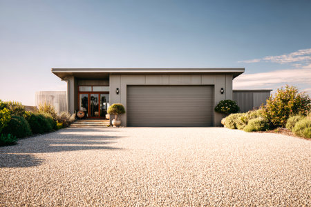 A modern entrance garage features a sleek design surrounded by well-kept plants and gravel. Bright daylight highlights the inviting appearance of this property.の素材