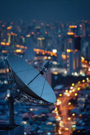 A satellite dish is mounted on a rooftop, overlooking a vibrant city filled with lights during twilight hours. The contrast creates a stunning urban scene.の素材