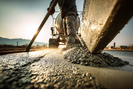 Workers are pouring concrete to create a solid foundation on a construction site. The warm light of the setting sun enhances the scene.の素材
