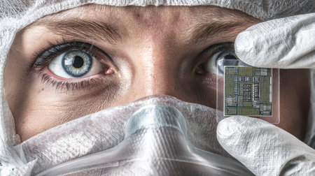 An engineer examines a microchip closely, wearing protective gear in a lab. Focused on precision, they ensure high standards of safety and technology.の素材