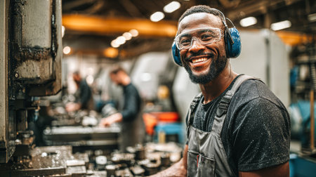 A worker smiles while operating machinery in a busy factory. Other employees focus on their tasks in the background, showing teamwork and productivity.の素材