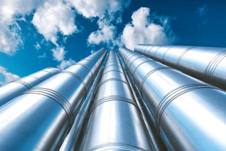 Tall factory chimneys stretch upwards into the sky, reflecting sunlight, surrounded by a few scattered clouds on a clear day.の素材