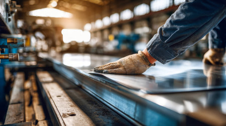 A factory worker guides a metal sheet through a bending machine in a well-lit industrial space. Equipment and tools are arranged around them.の素材