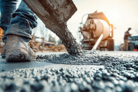Workers mix and pour fresh concrete on a construction site. The sunlight highlights the busy activity as the material spreads across the ground.の素材