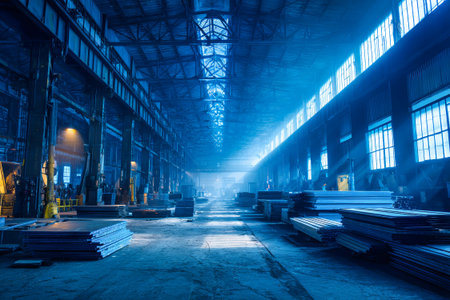 Large industrial warehouse features blue lighting illuminating stacks of metal sheets. The structured space appears quiet and vast during the daytime.の素材