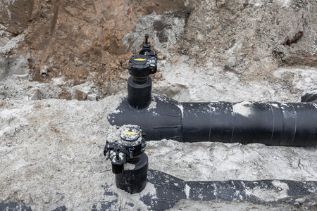 Workers are installing black piping with valves in a sandy trench at a construction site. The scene...