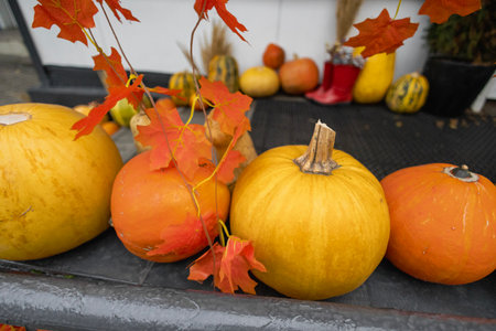 Bright orange and yellow pumpkins sit on the step of a storefront, surrounded by vibrant autumn...