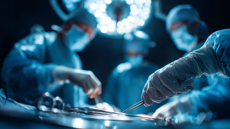 Surgeons in protective gear focus on performing a delicate procedure in an operating room, ensuring patient safety and precision during the surgery.の素材
