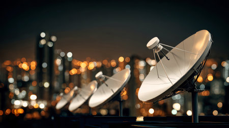Four satellite dishes are positioned on a rooftop, capturing signals while the city lights twinkle in the background during nighttime.の素材