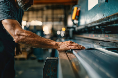 A worker skillfully bends a metal sheet using a bending machine in a busy factory. The environment is filled with various tools and equipment.の素材