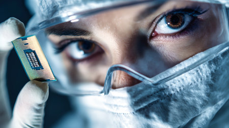 An engineer in protective gear holds a computer chip, displaying keen focus and precision while working in a high-tech lab setting.の素材