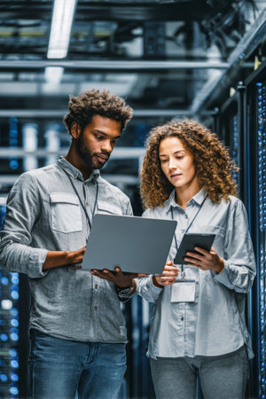 Two data center specialists are working together, using a laptop and tablet to manage systems and ensure smooth operations in a high-tech environment.の素材