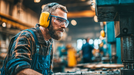 A factory worker wearing safety gear attentively operates machinery while surrounded by other workers in a bustling environment.の素材