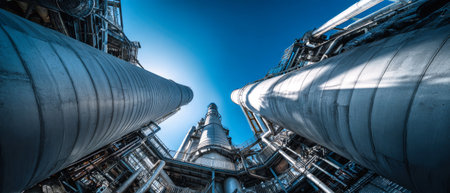 In an industrial zone, tall factory chimneys rise into the sky, with metal structures and pipes surrounding them under bright sunlight.の素材