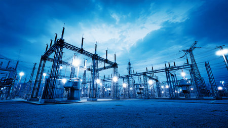 Twilight casts a beautiful glow over the electrical substance, highlighting its structures as lights brighten the area against a moody sky.の素材