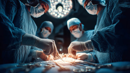 A skilled team of surgeons focuses on a surgical procedure in an operating room, using precision instruments under bright lights.の素材