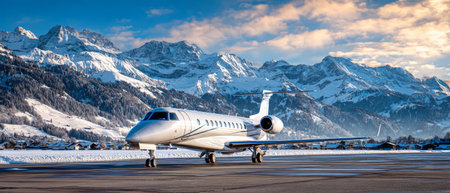 A sleek business jet stands on a runway in front of snow-covered mountains, illuminated by soft morning light in a serene winter landscape.の素材