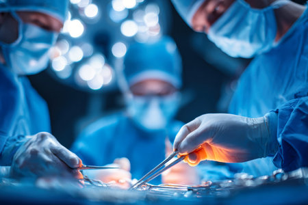 Surgeons in blue scrubs and masks are focused on performing a delicate operation under bright surgical lights in a hospital.の素材