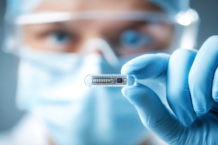 In a modern laboratory, an engineer holds a microchip with precision, showing the intricate technology while wearing safety gloves and goggles.の素材
