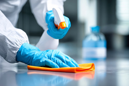 A person in protective gloves sprays a disinfectant on a surface while wiping it with an orange cloth in a tidy workspace.の素材