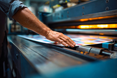 A worker's hand is carefully guiding a sheet of paper through a bending machine in a busy printing workshop. The process takes place in bright daylight.の素材