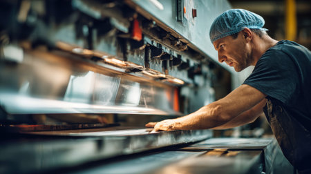 A worker focuses on bending metal sheets using a machine in a busy factory. The scene captures the precision and skill required for metalwork during the day.の素材