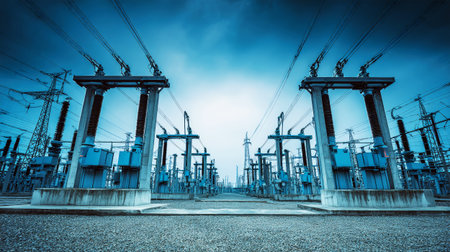 Powerful electrical substation showing transformers, towers, and numerous power lines in an industrial area during overcast weather.の素材